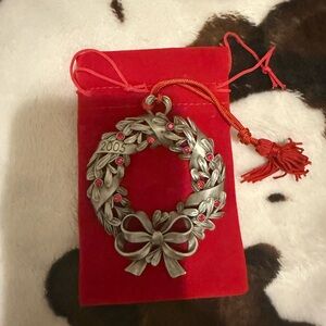 Avon Silver Wreath Ornament with Red Accents